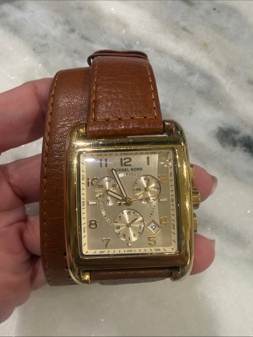 Michael Kors Gold Tone Chronograph Watch with Brown Leather Strap working